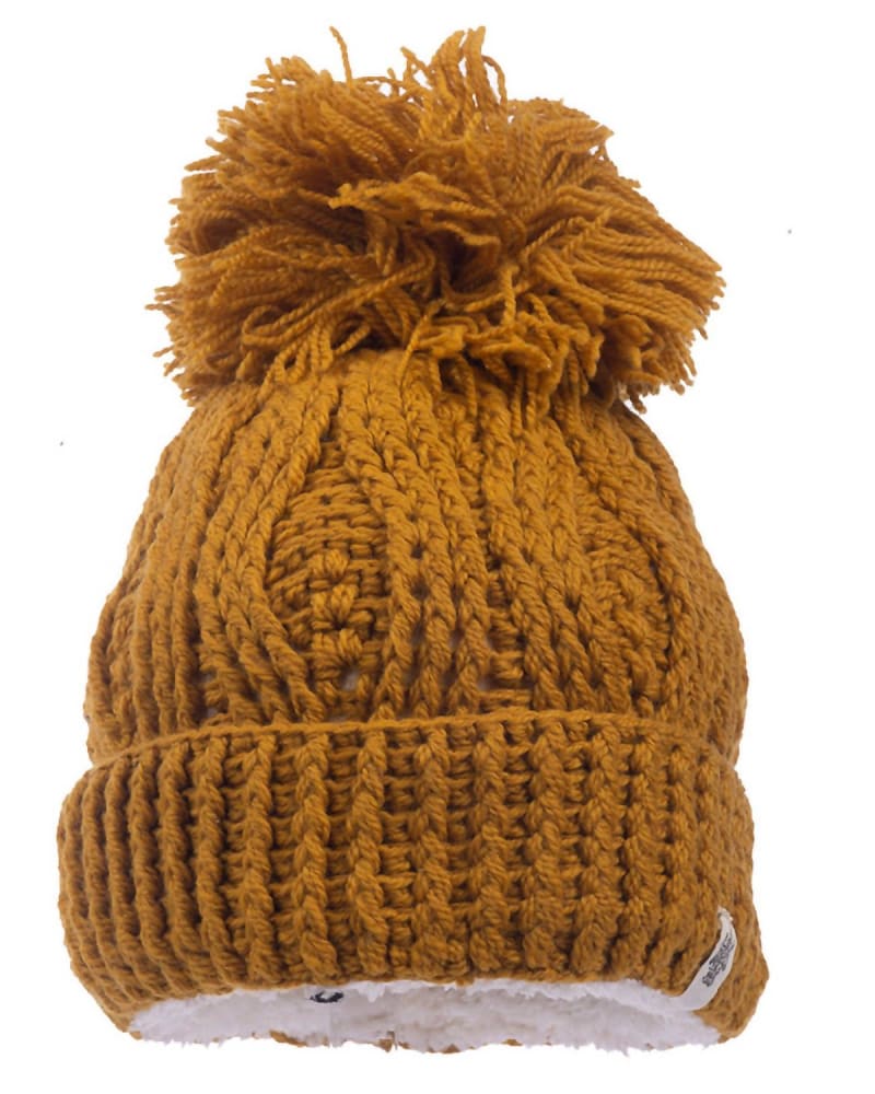 Front of a model wearing a size one-size-fits-all Pom Rib Fold Hat In Honey in Honey by Nirvanna Designs. | dia_product_style_image_id:358420